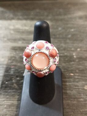 Camilla Lucia White Enamel Pink Rhinestone Ring Size  6